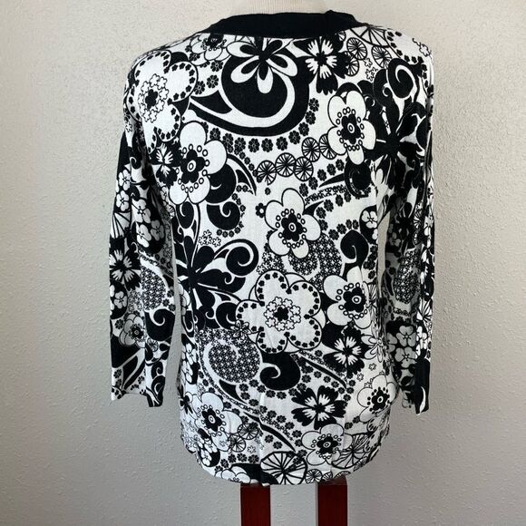 EUC Multiples Womens 3/4 Sleeve Foral Black and White Top Size M - Picture 4 of 7
